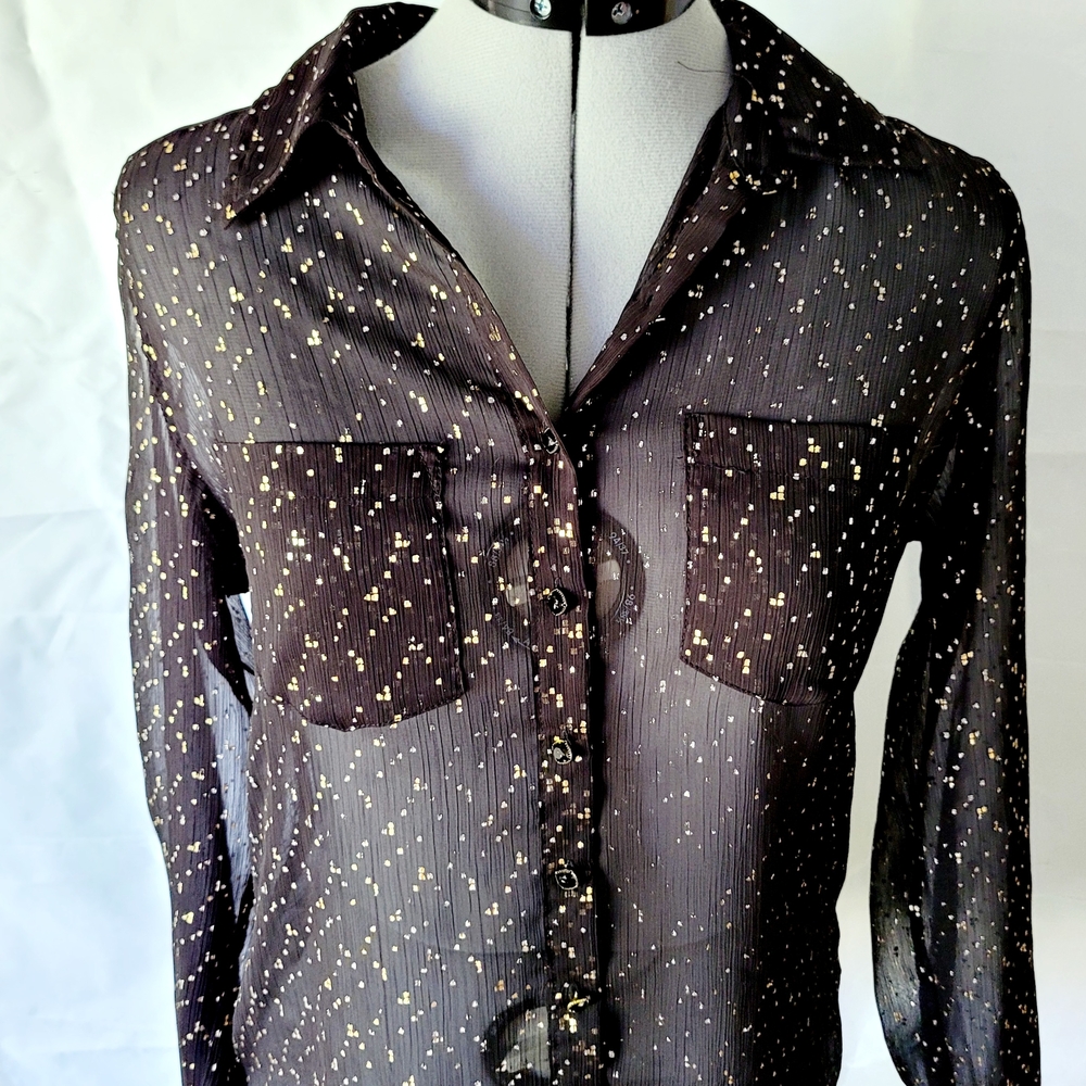 Guess Sheer Black Blouse with Gold Accents Size Small #Autumn